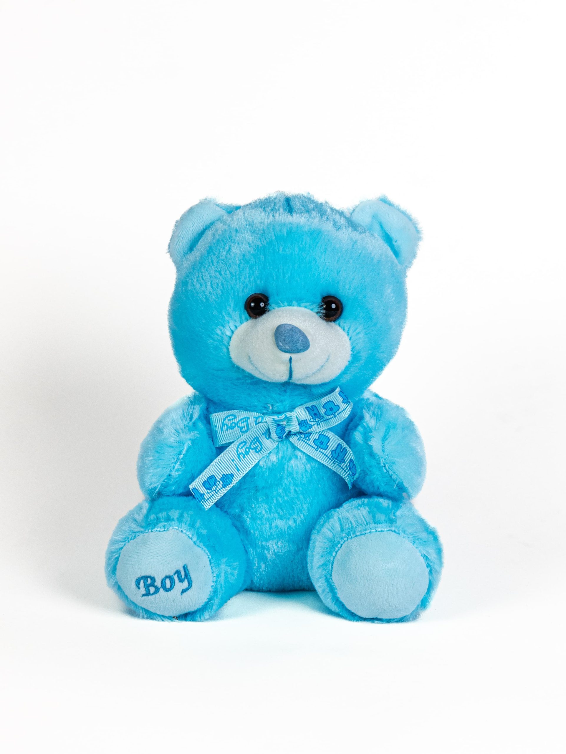 בובה של דובי כחול יושבת על רקע לבן, עם סרט כחול סביב הצוואר וכיתוב "Boy" על אחת מכפות הרגליים.