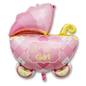 בלון בצורת עגלת תינוק ורודה עם הכיתוב "Baby Girl".