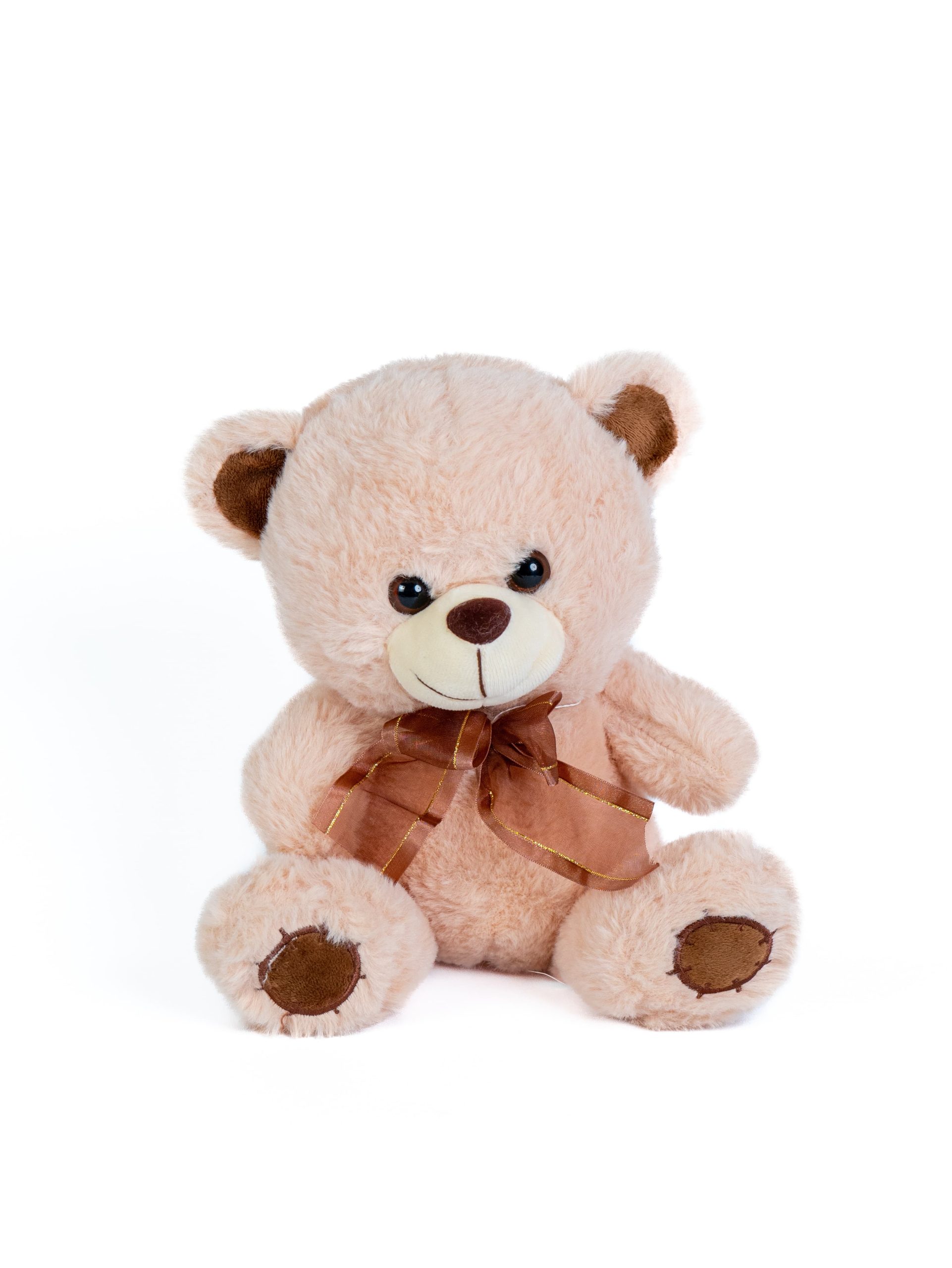 דובון פלאפי בצבע בז' בהיר יושב עם סרט חום סביב צווארו.