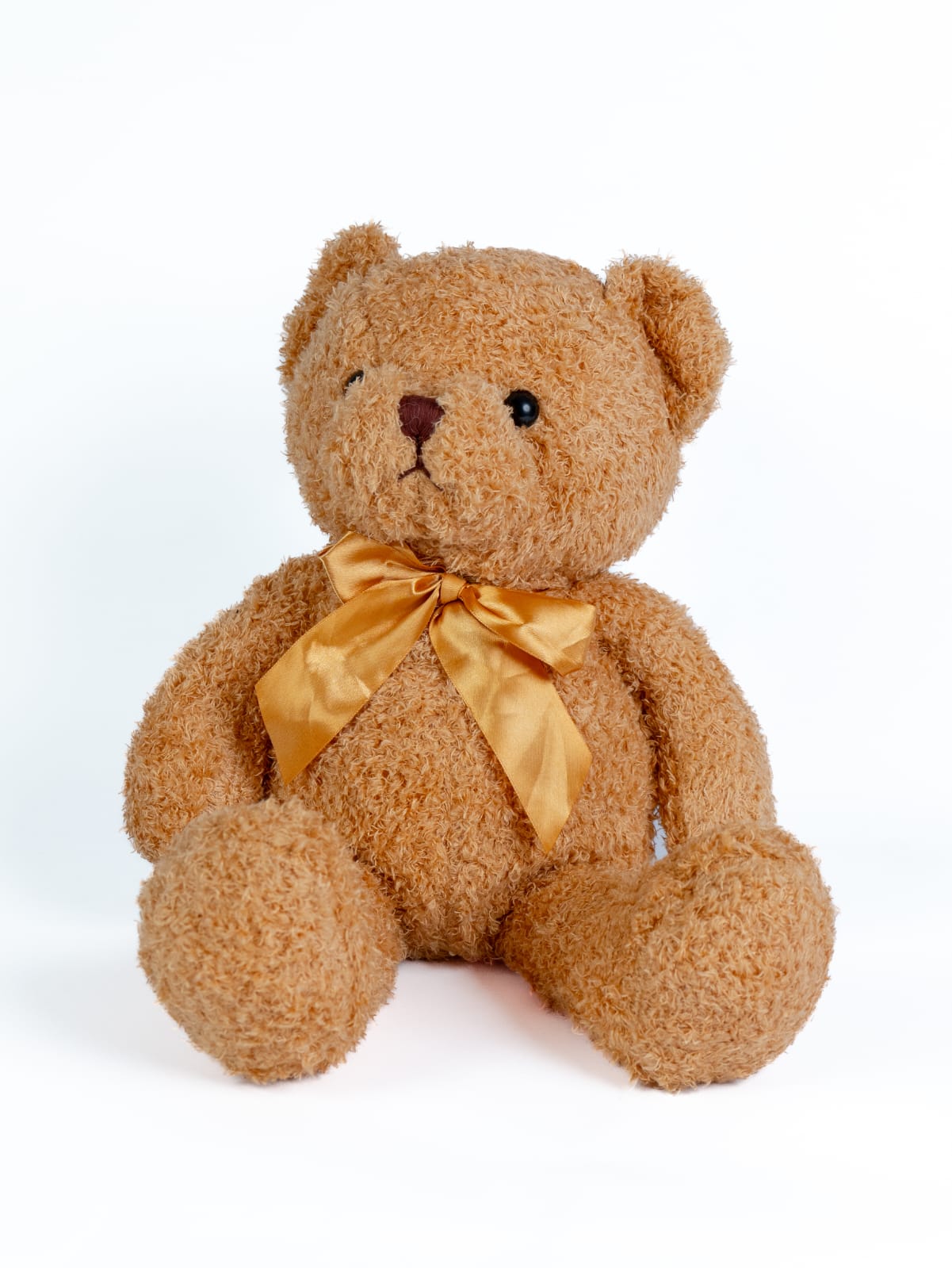 בתמונה דובי חום בהיר יושב, עם סרט זהוב סביב צווארו.