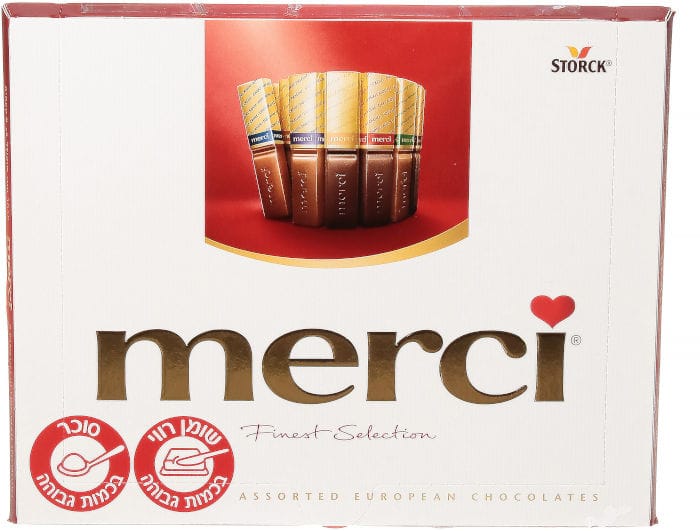 קופסת שוקולד Merci עם שוקולדונים קטנים שונים, מיוצרים באירופה.