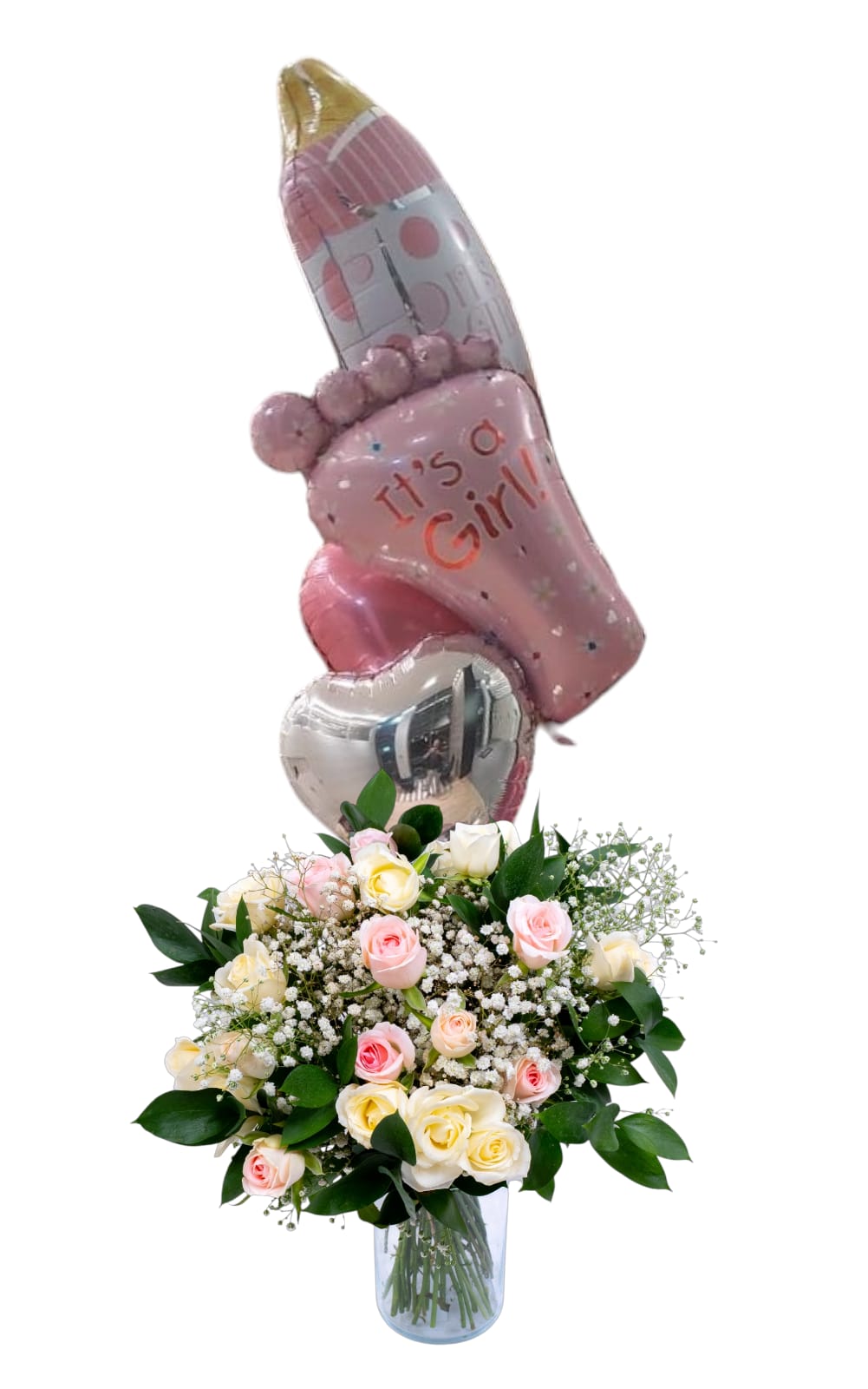 ספיישל בייבי גירל: זר 15 ורדים מהמם, שני בלוני הולדת בת 26 אינץ' ובלון מוכסף 18 אינץ' – מתנה מושלמת ומרגשת להולדת בת מתוקה