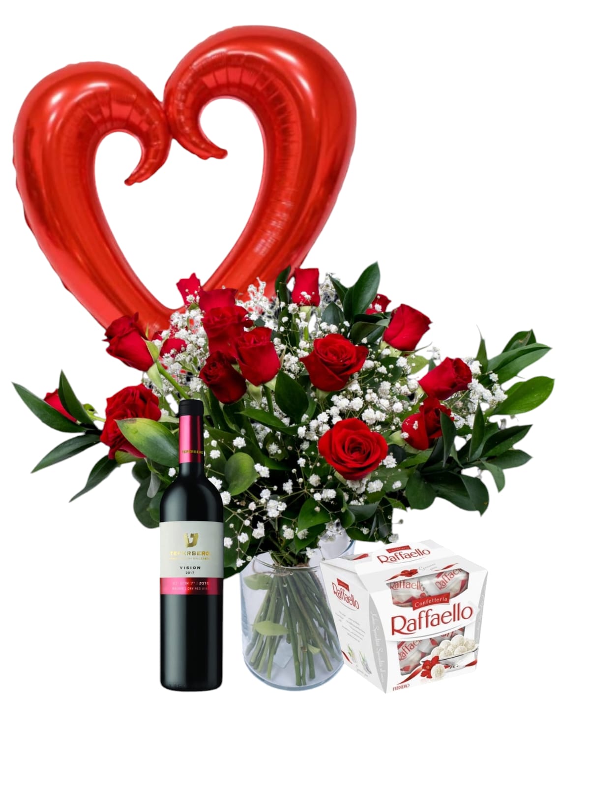 ספיישל דייט נייט - זר יוקרתי של 15 ורדים, בלון לב ענק, בקבוק יין משובח ושוקולד רפאלו – מתנה מושלמת לערב רומנטי ומיוחד
