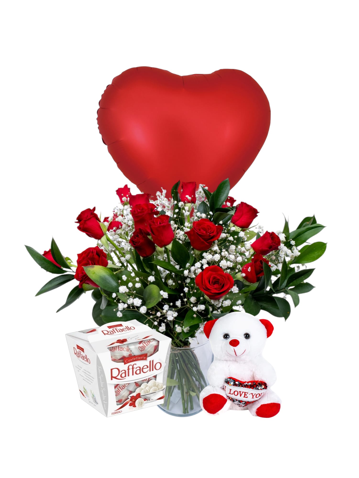 פינוק רומנטי מושלם לולנטיין: זר מפואר של 15 ורדים ריחניים, דובי מתוק, שוקולד רפאלו איכותי ובלון לב אדום מרגש. המתנה שתראה כמה אכפת לך
