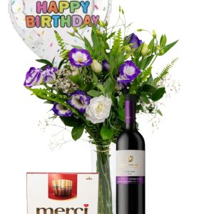 ספיישל ליזי דיי זר ליזיאנטוס, בלון לב מודפס HAPPY BIRTHDAY, בקבוק יין ושוקולד מרסי