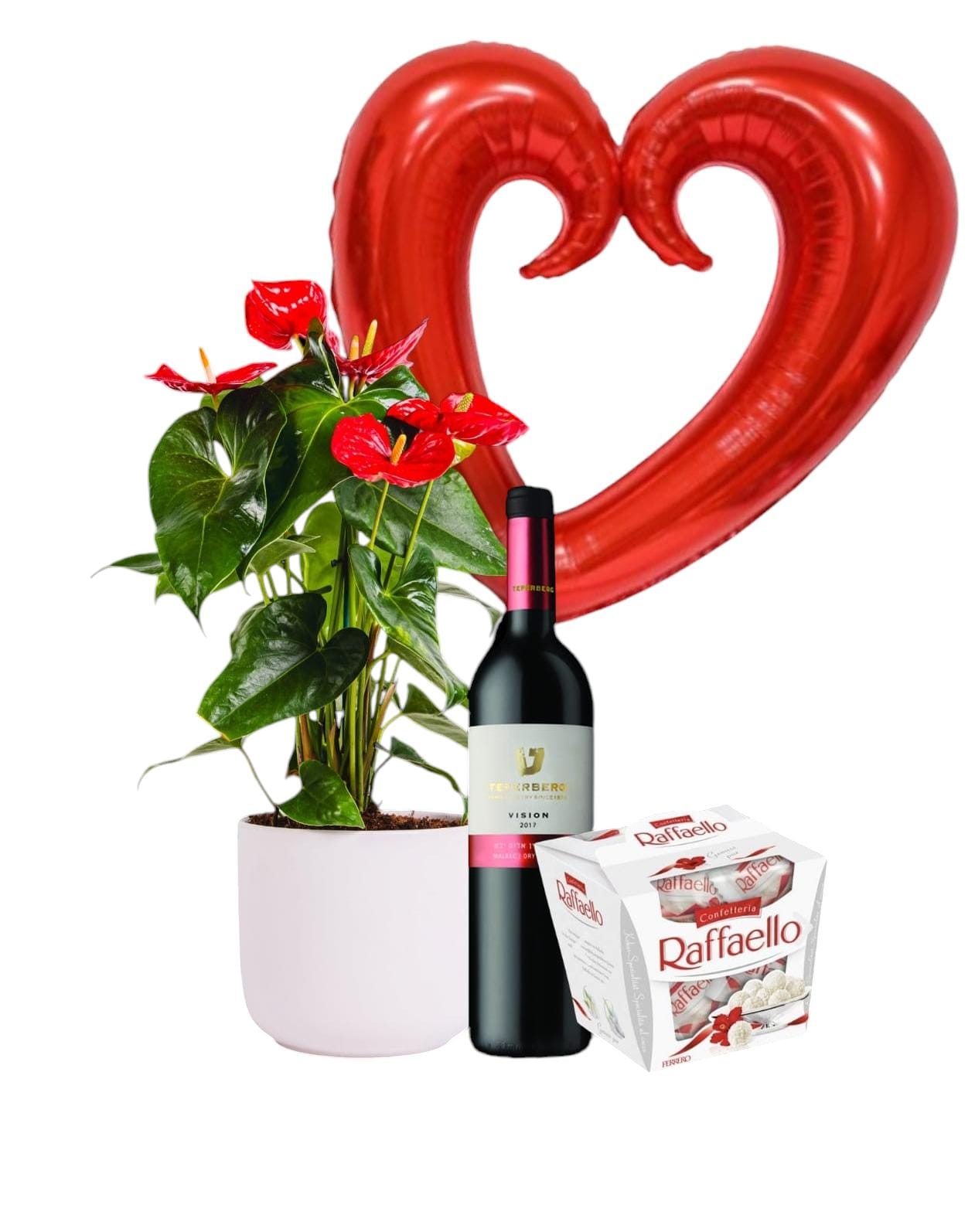 ספיישל מאמי: עציץ אנטוריום מרהיב, בלון לב ענק, בקבוק יין איכותי ושוקולד רפאלו – מתנה מלאה באהבה, חמימות ורגעים קסומים לכל מי שחשובה לך