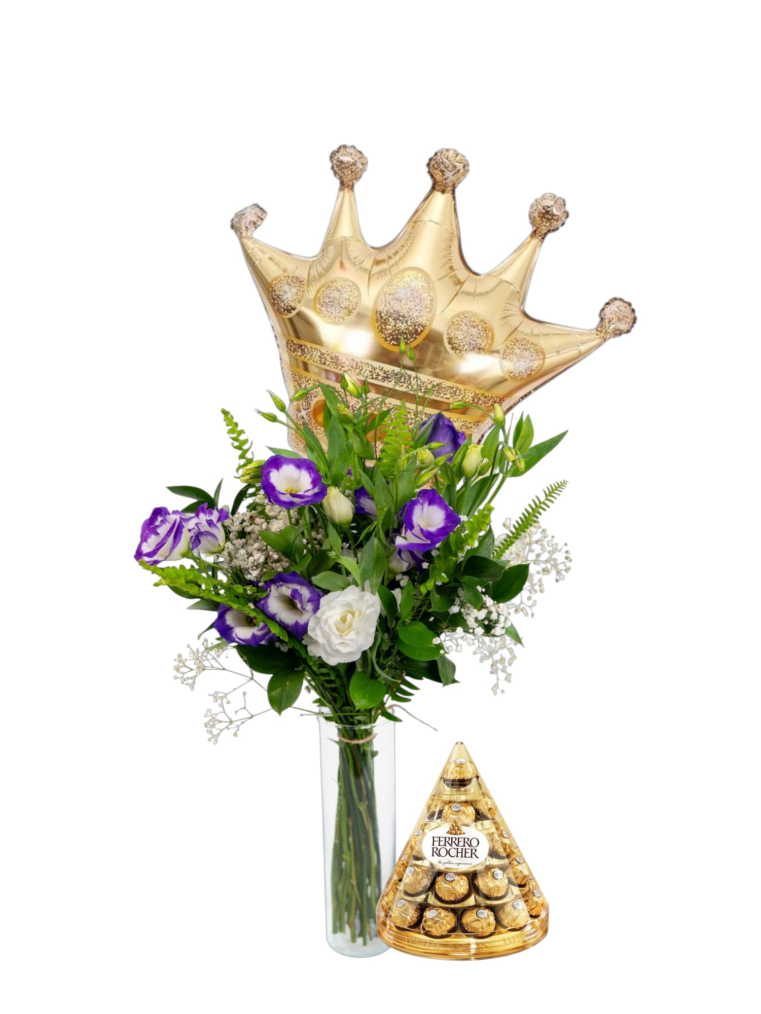 זר ליזיאנטוס מרהיב ביופיו, שוקולד פירמידת פררו רושה מפנק ובלון כתר 18 אינץ' יוקרתי. מתנה מושלמת ומלאת סטייל שתשמח כל אחד לכל אירוע