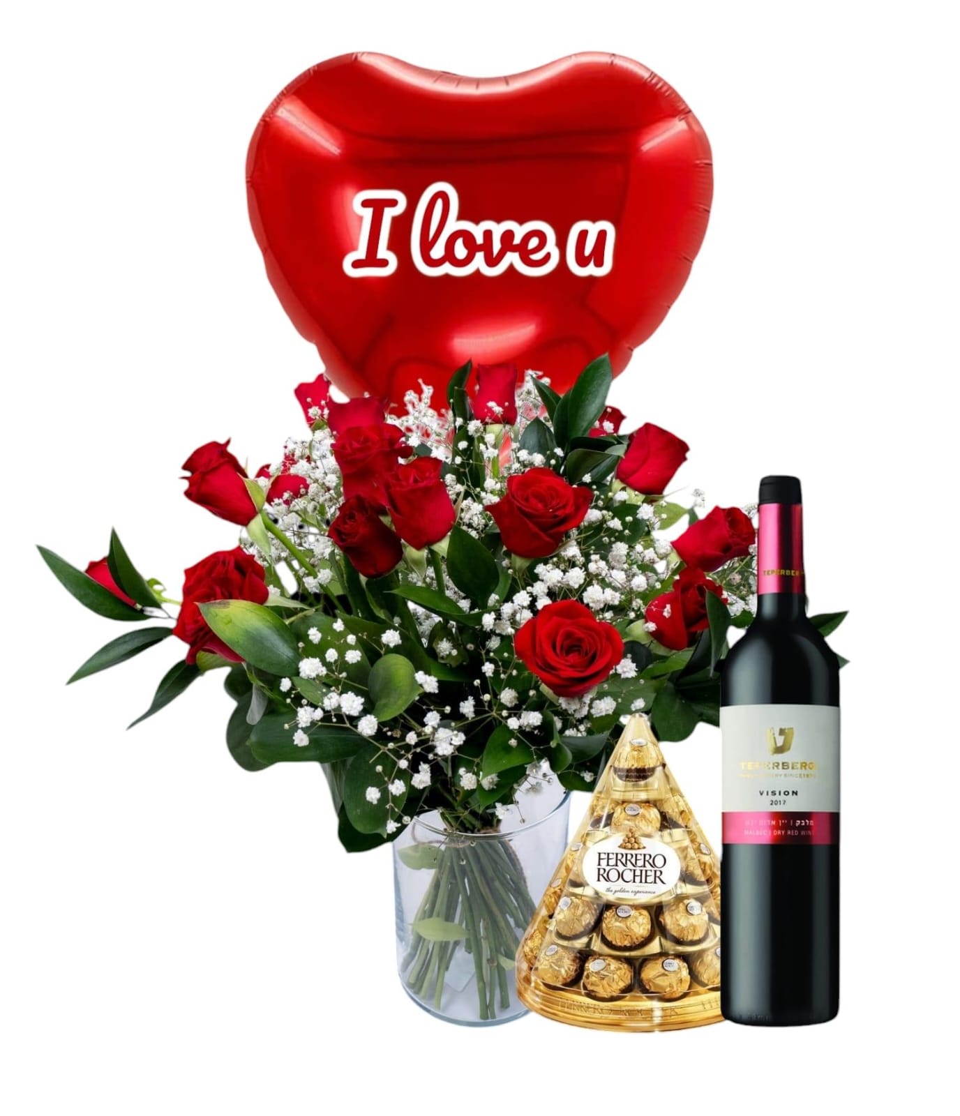 ספיישל רד לאב: זר יוקרתי של 15 ורדים, בלון לב מודפס I LOVE YOU, בקבוק יין משובח ושוקולד פירמידת פררו רושה – מתנה רומנטית מושלמת.