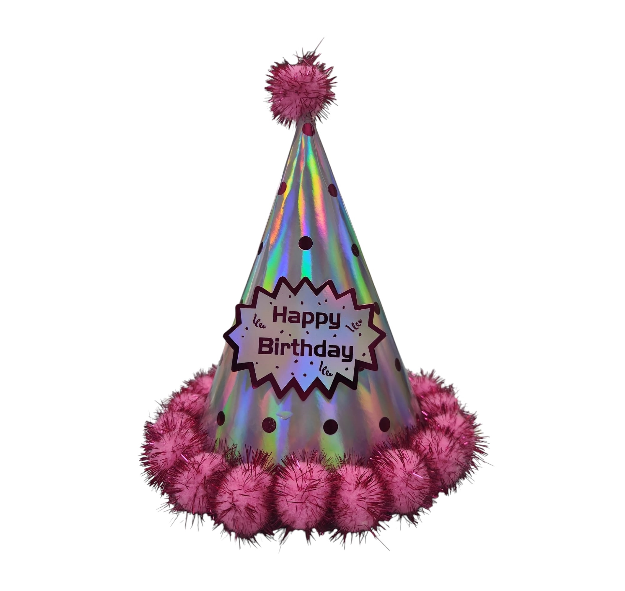 כובע יום הולדת ורוד מבריק עם כתובת "מזל טוב יום הולדת" וקישוטי פומפום.