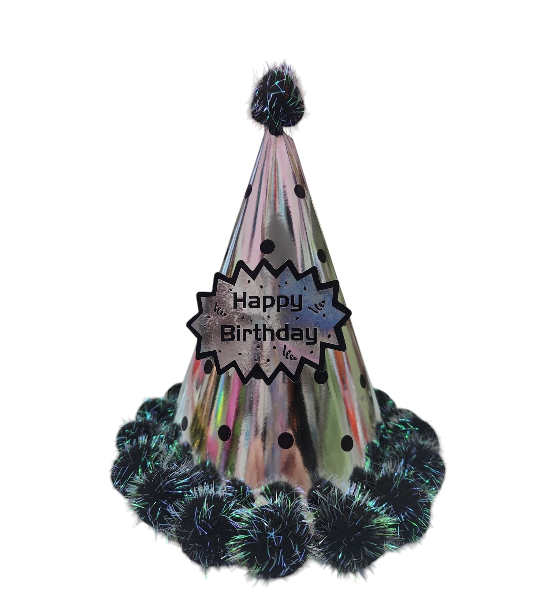 כובע יום הולדת בצורת חרוט כסוף עם נקודות שחורות, כתובת "מזל טוב יום הולדת" ושוליים משיער שחור נוצץ.