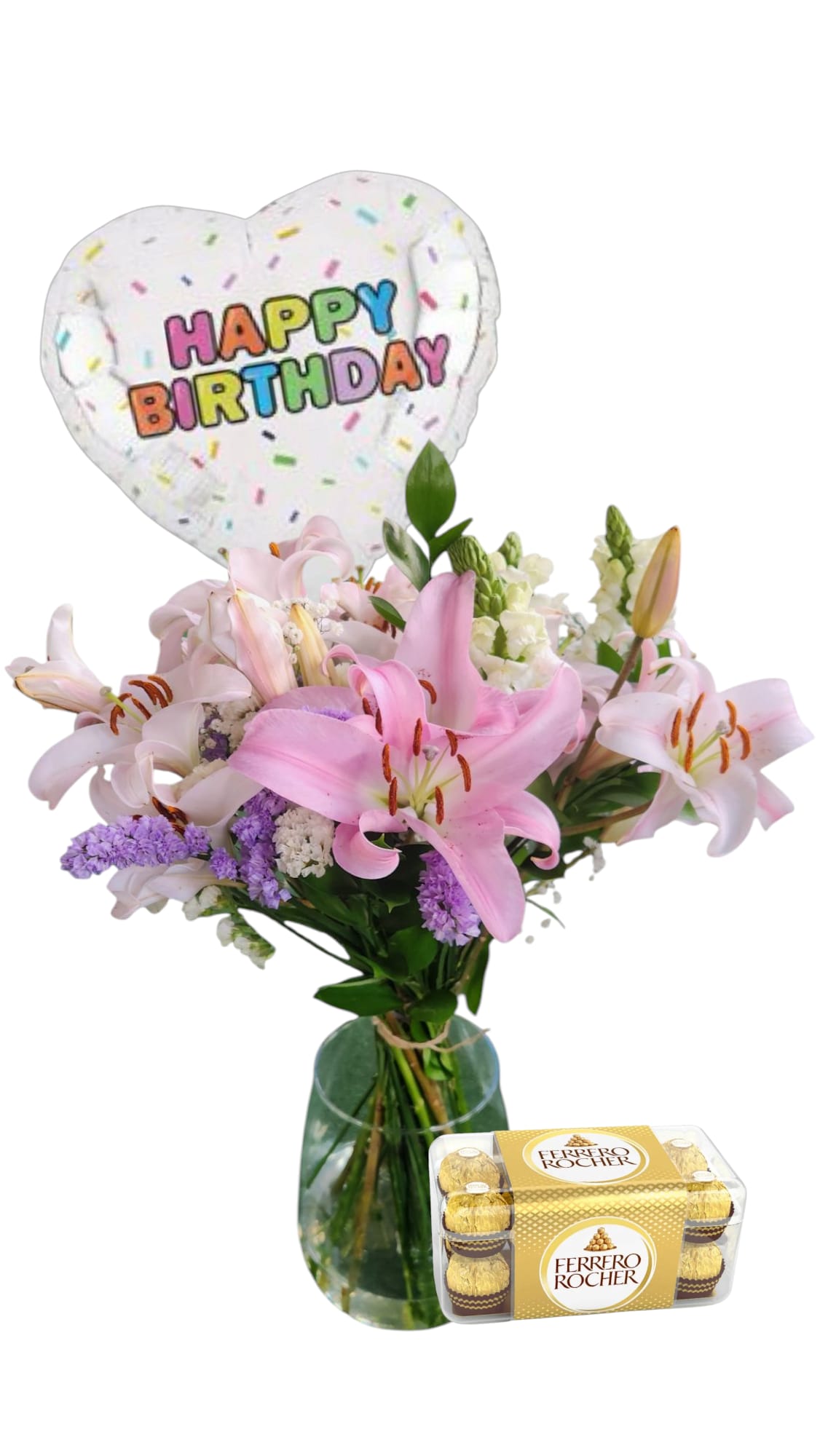 זֵר שושנים ורודות, בלון בצורת לב עם הכיתוב "יום הולדת שמח", וקופסת פררו רושה.