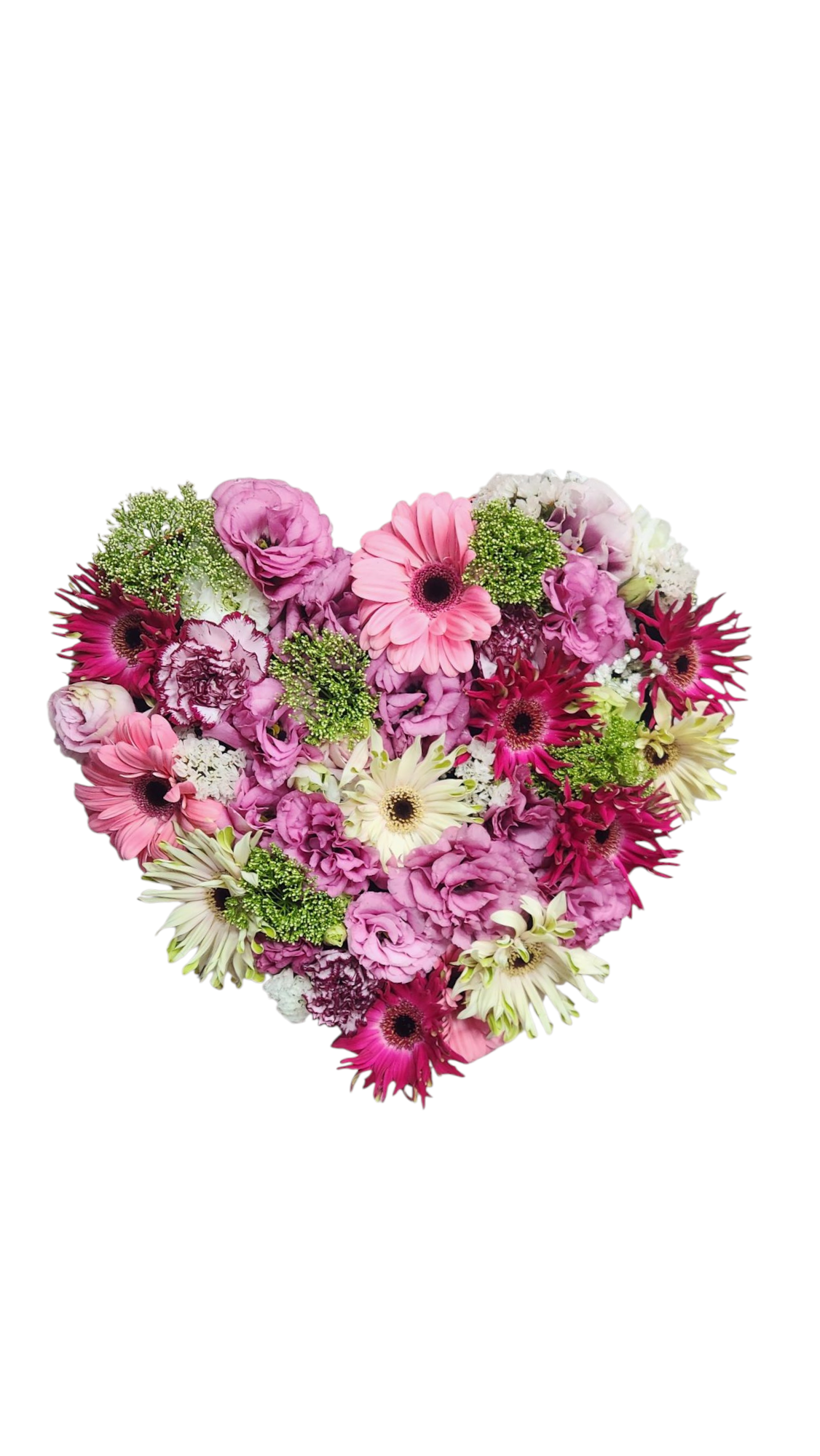 זרי פרחים בצורת לב, המורכבים מג'רברות, ציפורנים ופרחים נוספים בגוונים ורודים וסגולים.