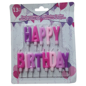 בתמונה אריזה של נרות יום הולדת בצורת האותיות "HAPPY BIRTHDAY" בצבעי ורוד וסגול.