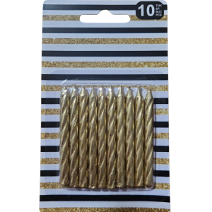 בתמונה אריזה של 10 נרות יום הולדת זהובים ומפותלים, על רקע פסים שחורים וזהובים.