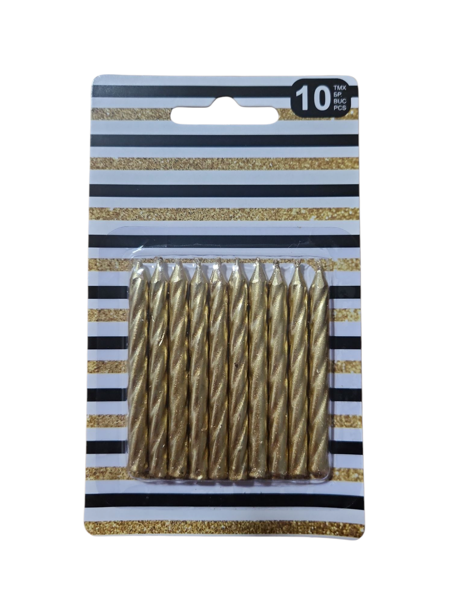 בתמונה אריזה של 10 נרות יום הולדת זהובים ומפותלים, על רקע פסים שחורים וזהובים.