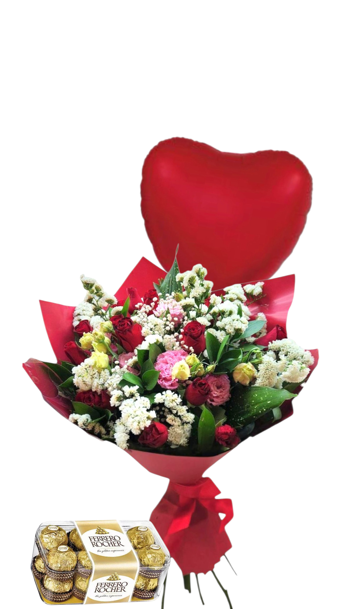 זר פרחים צבעוניים, בלון אדום בצורת לב וקופסת שוקולד פררו רושה.