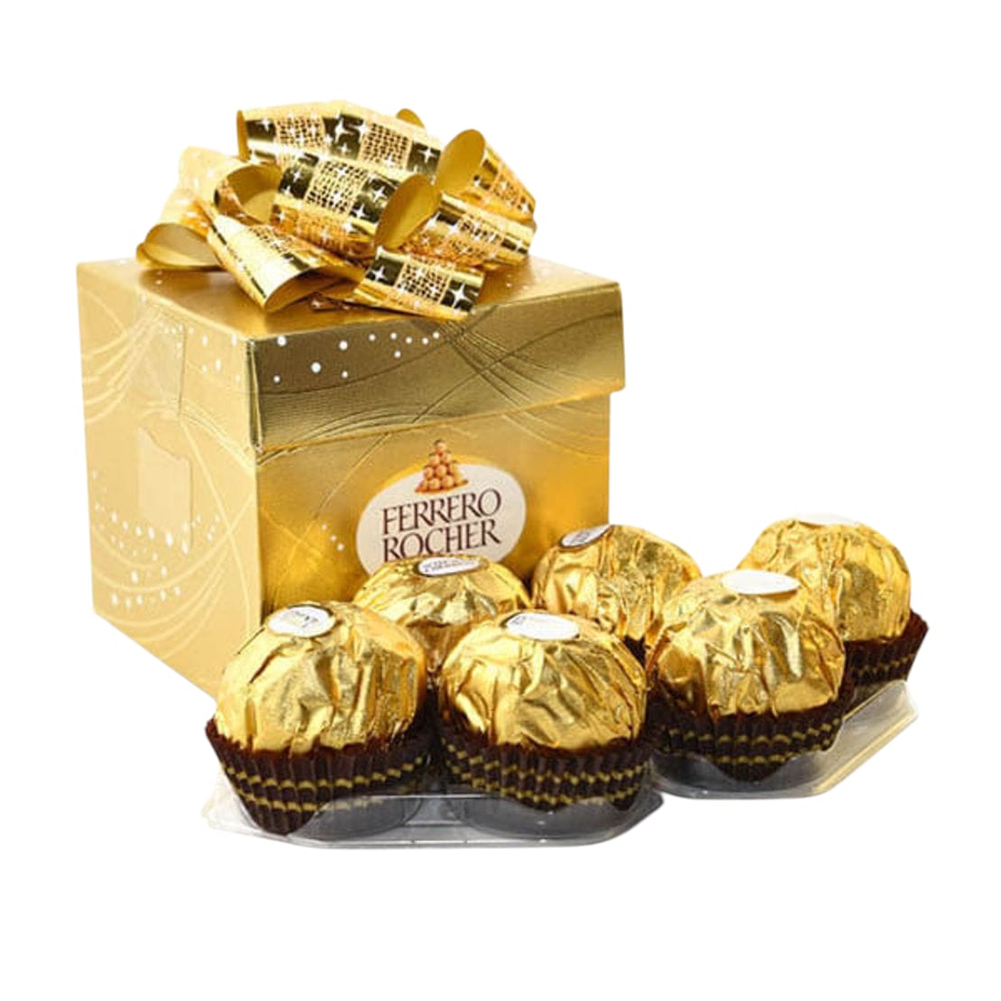 קופסת מתנה זהובה עם סרט, ולפניה שוקולדים עטופים בנייר זהב.