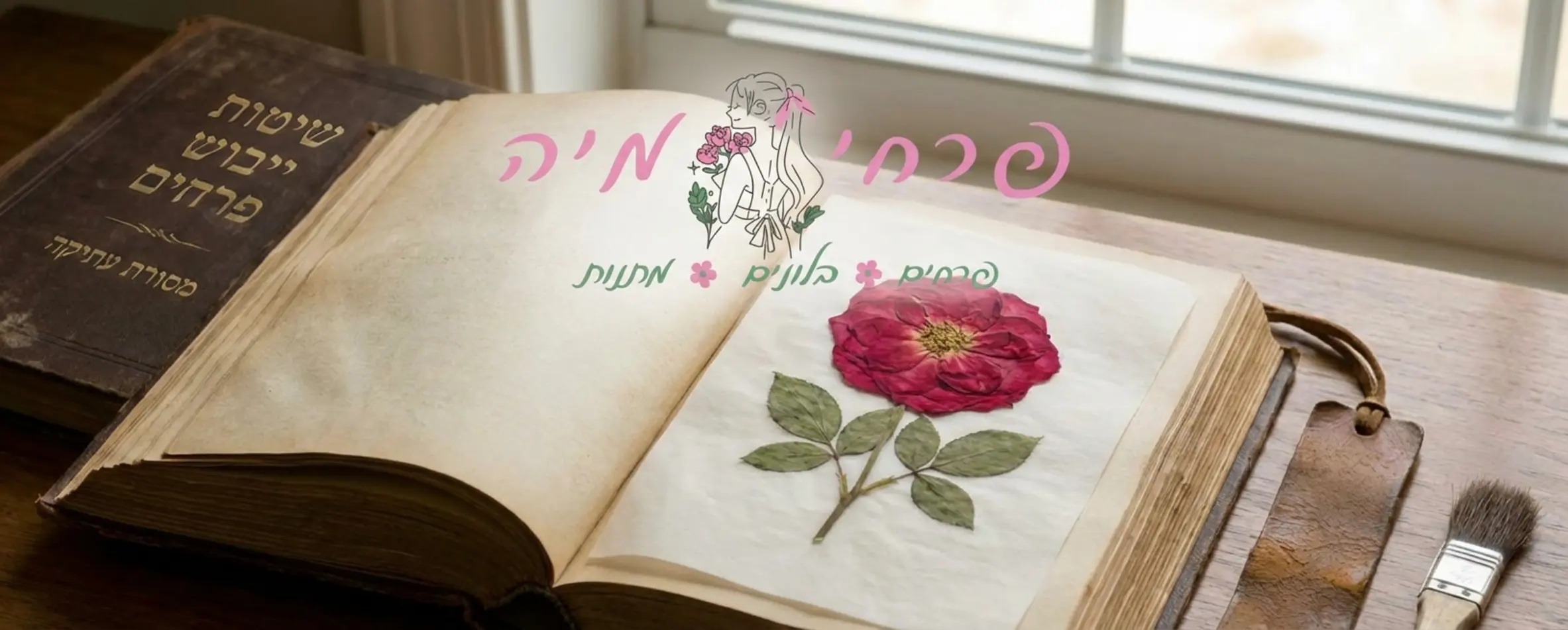 תמונה הממחישה את שיטת הייבוש בספר: ספר עבה פתוח, על אחד הדפים מונח נייר פרגמנט ועליו פרח פרוס בצורה שטוחה, מוכן לסגירה