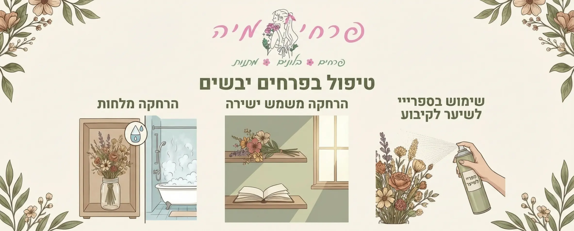 אינפוגרפיקה המראה את הטיפול בפרח מיובש: הרחקה מלחות, הרחקה משמש ישירה, ושימוש בספריי לשיער לקיבוע