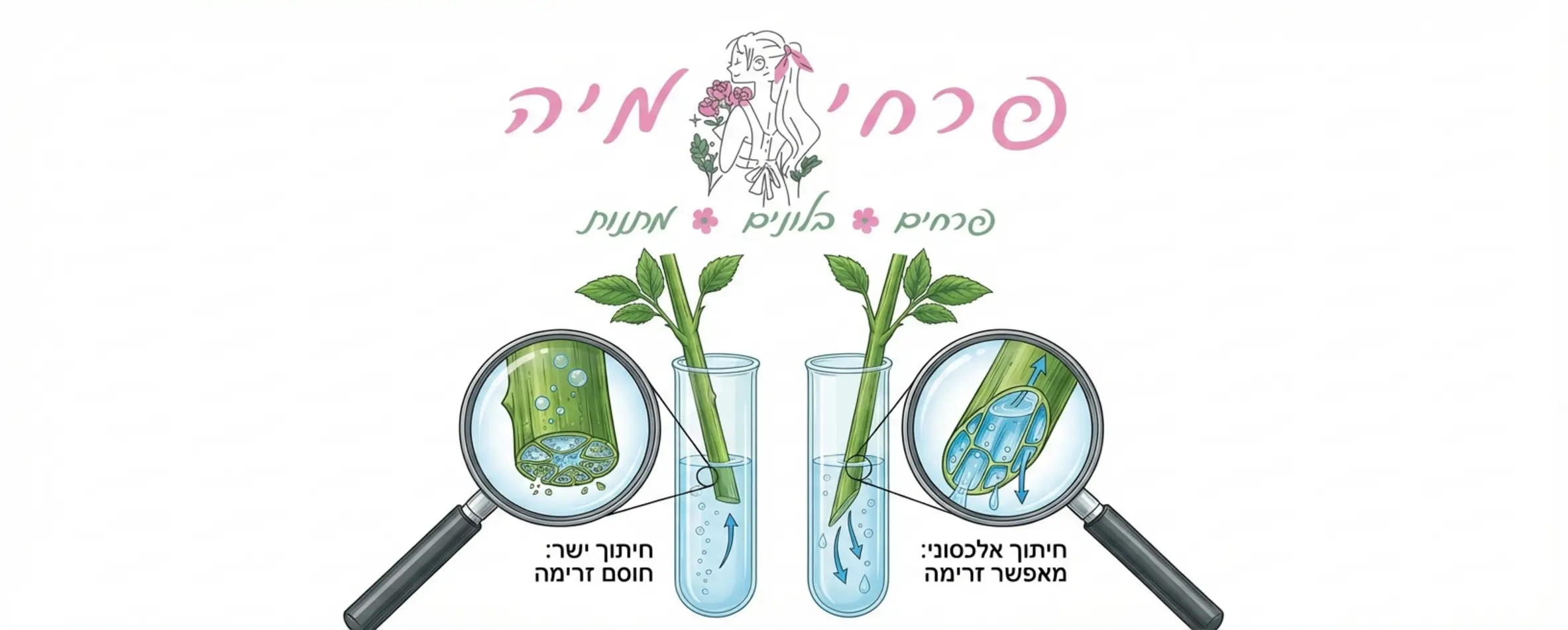 תמונה המדגימה השוואה בין חיתוך ישר שחוסם את המים לבין חיתוך אלכסוני בזווית 45 מעלות המאפשר זרימה, עם זכוכית מגדלת שמראה את צינורות הגבעול הפתוחים