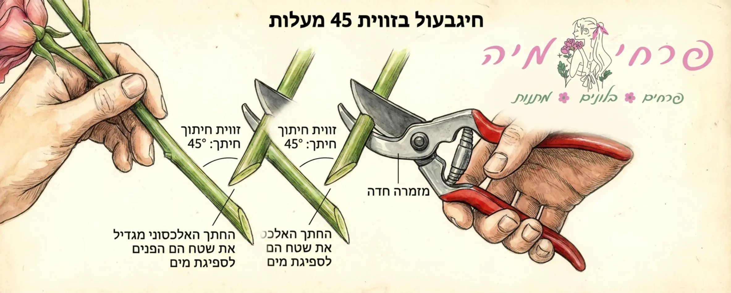 איור המדגים כיצד לחתוך גבעול פרח בזווית של 45 מעלות באמצעות מזמרה חדה, עם תקריב על אזור החיתוך