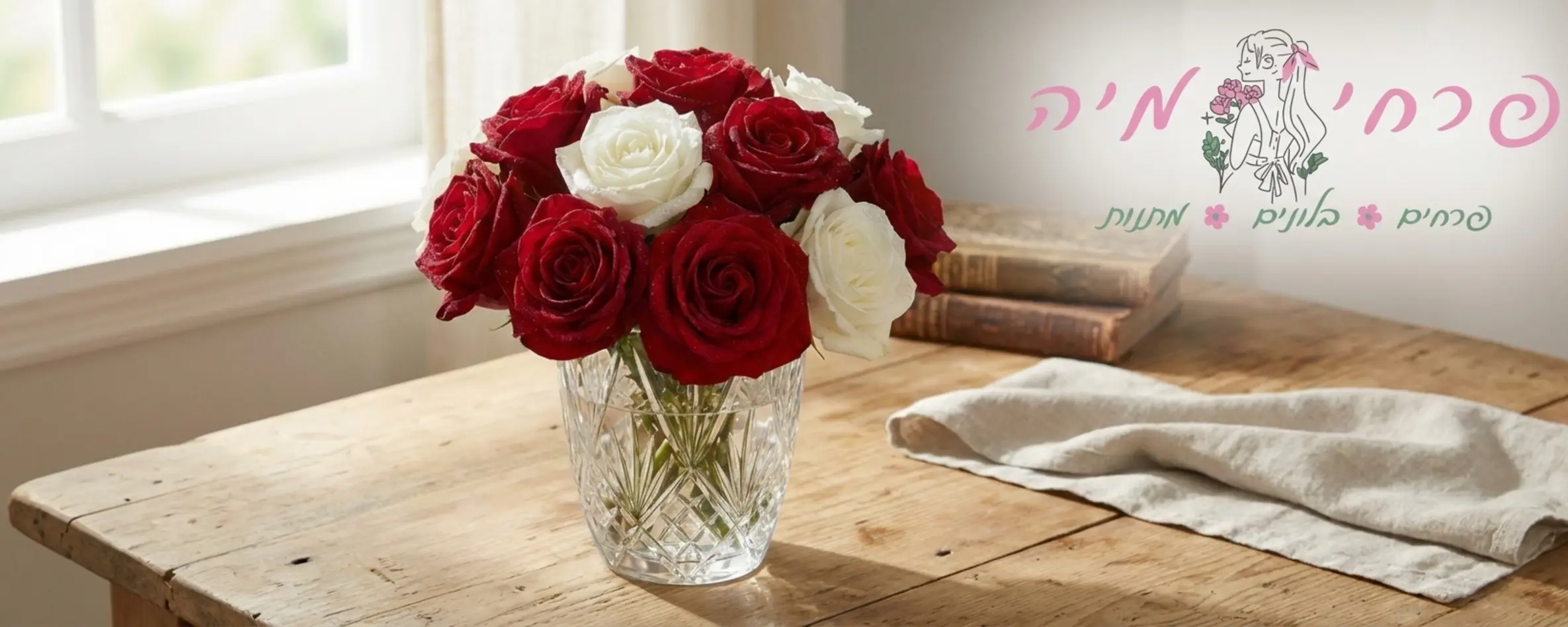 תמונה מרהיבה המציגה סידור פרחים המשלב ורדים אדומים וורדים לבנים יחד באגרטל זכוכית יוקרתי, מונח על שולחן עץ טבעי עם תאורת יום רכה