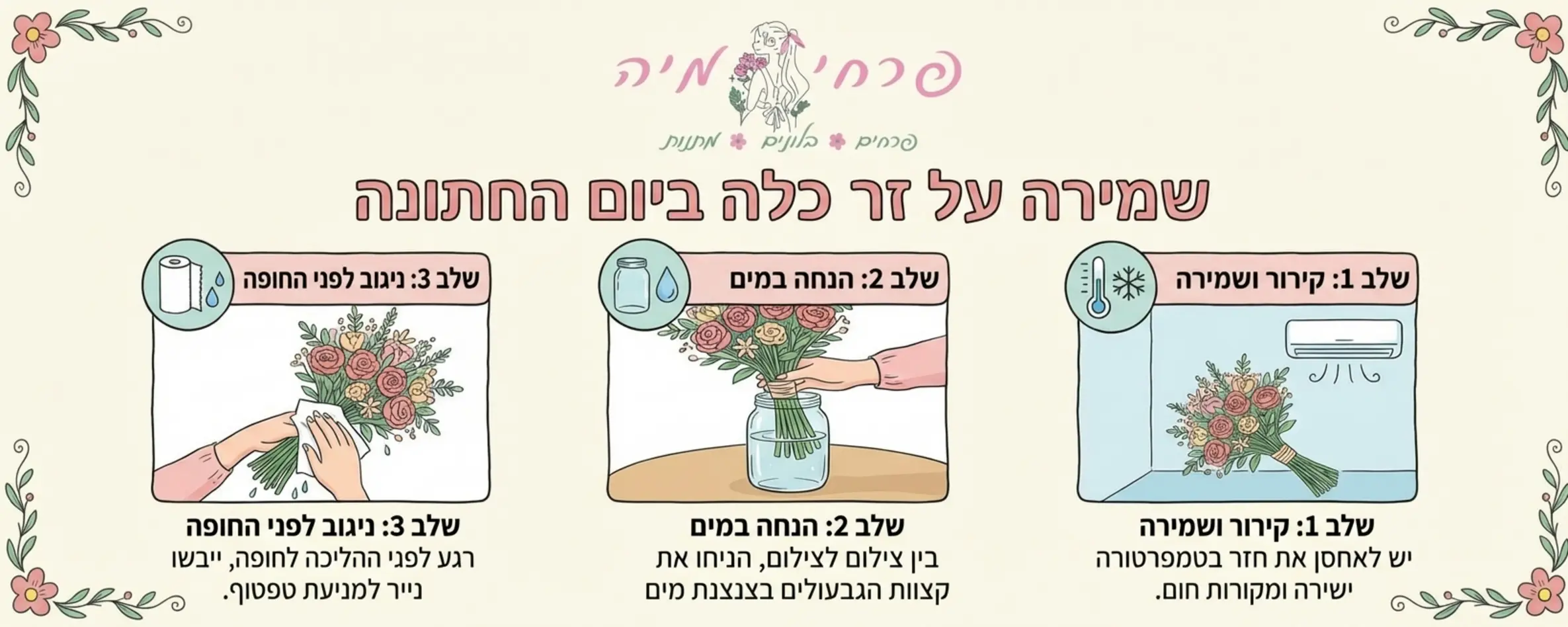 אינפוגרפיקה מאוירת המציגה את השלבים לשמירה על זר כלה ביום החתונה כולל אייקונים של טמפרטורה קרירה, הנחת הזר בצנצנת מים בין הצילומים, וניגוב הגבעולים במגבת נייר לפני ההליכה לחופה