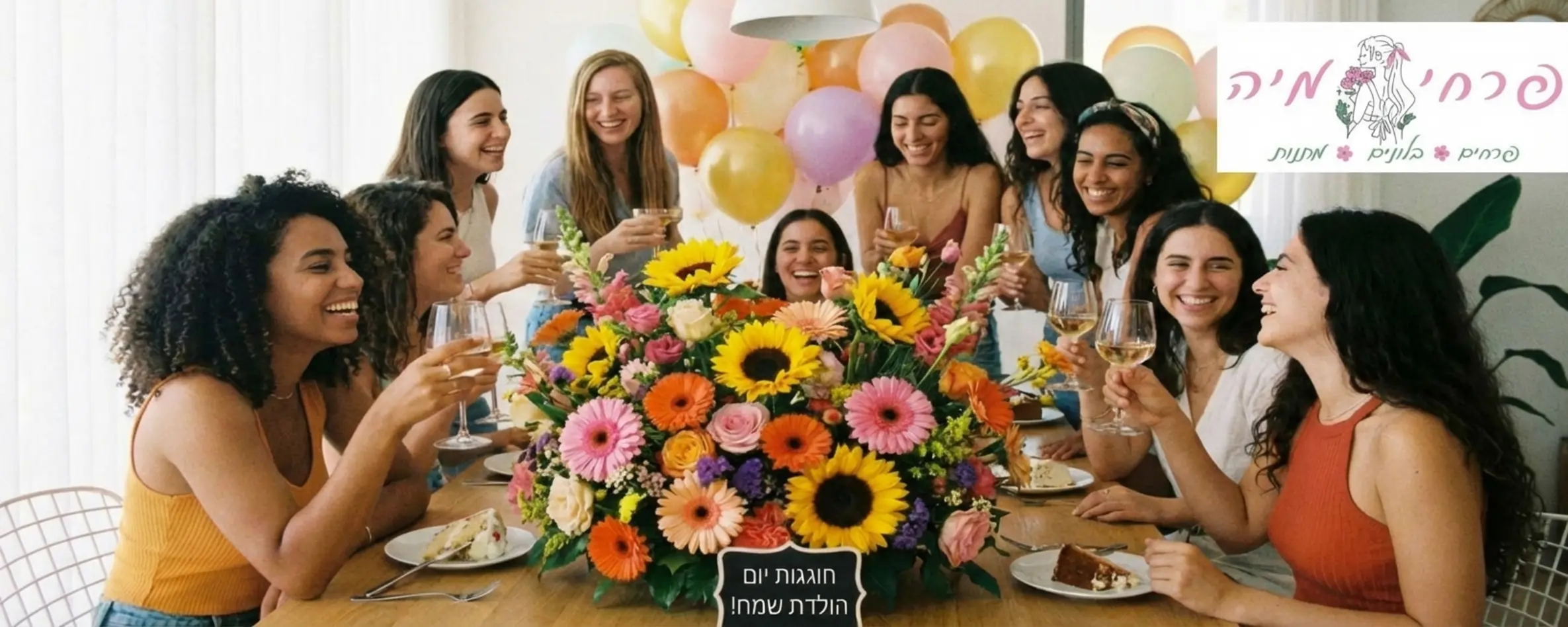 תמונה של קבוצת חברות מחייכות במסיבת יום הולדת, כאשר במרכז השולחן מונח זר פרחים גדול וצבעוני הכולל חמניות וגרברות ורודות וכתומות