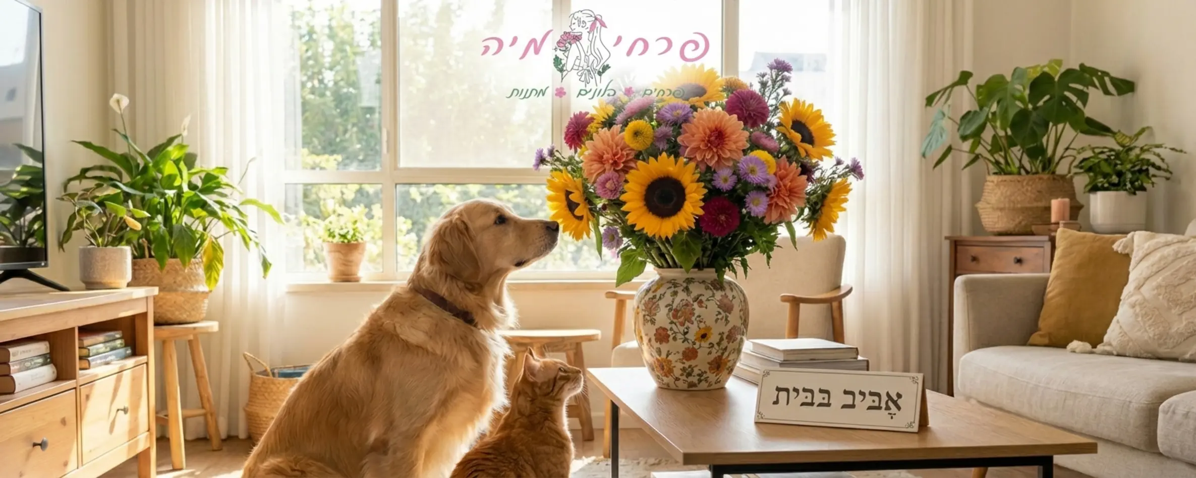 כלב גולדן רטריבר וחתול יושבים יחד בסלון מואר ומביטים בסקרנות לעבר אגרטל פרחים המונח על השולחן