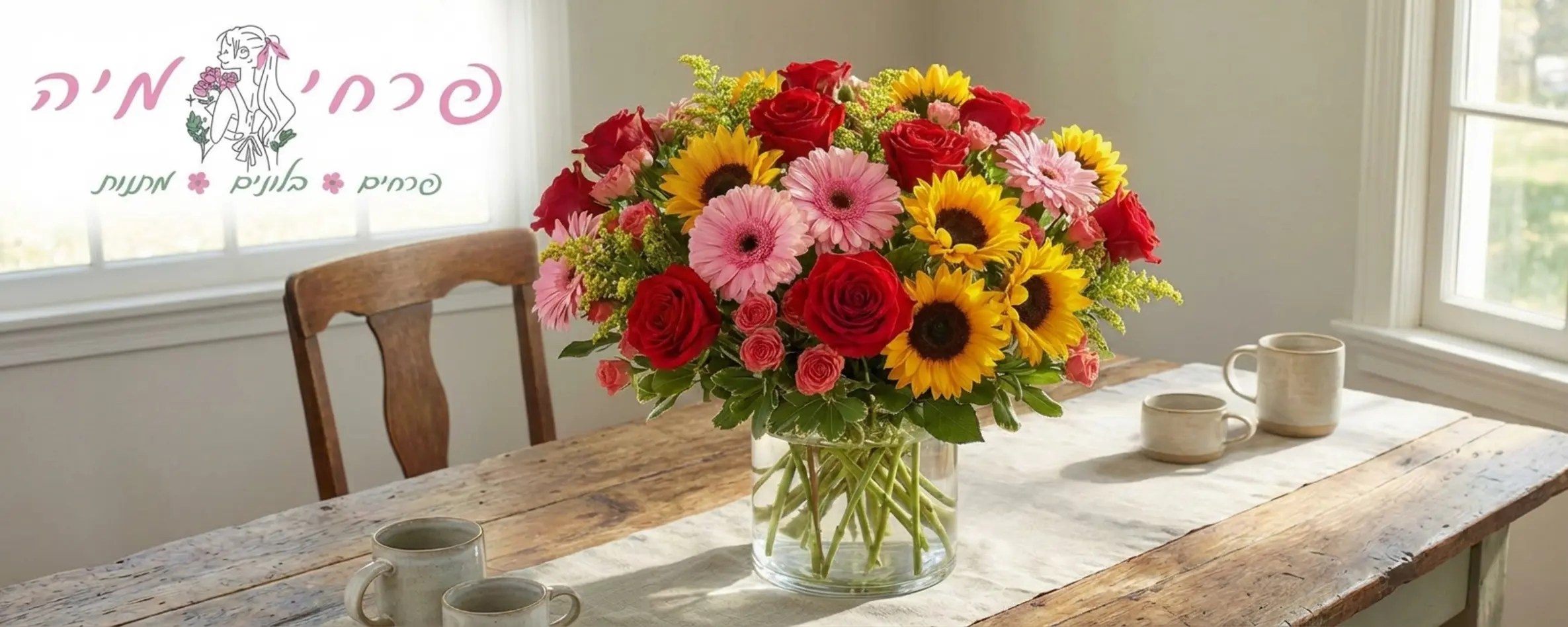 זר פרחים עשיר וצבעוני המכיל שילוב מרהיב של ורדים אדומים, גרברות ורודות וחמניות צהובות מונח באגרטל זכוכית על שולחן עץ כפרי