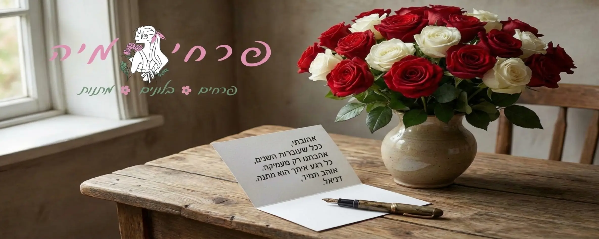 תמונה של שולחן עץ כפרי ועליו זר ורדים אדומים ולבנים מרהיב, ולצידו כרטיס ברכה פתוח עם כיתוב בכתב יד אומנותי ונובעת קלאסית מונחת לצידו