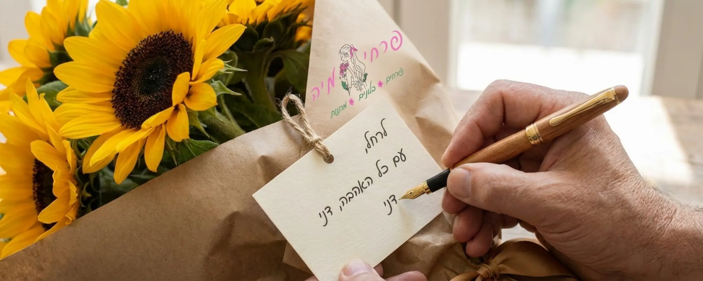 תקריב של ידיים חותמות בעט יוקרתי על כרטיס ברכה קטן המוצמד לזר חמניות מרהיב העטוף בנייר קראפט טבעי וסרט סאטן