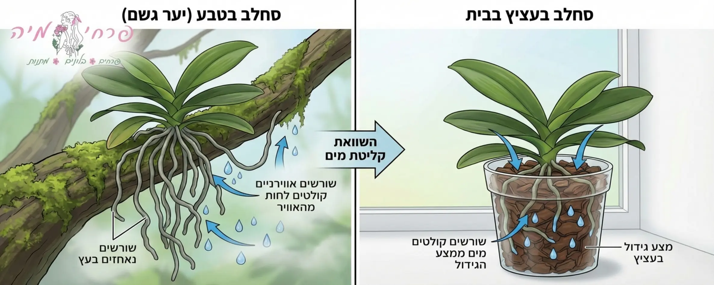 אינפוגרפיקה המציגה את מבנה הסחלב בטבע כשהוא תלוי על עץ, עם חצים המראים כיצד השורשים קולטים לחות מהאוויר לעומת סחלב בעציץ בבית