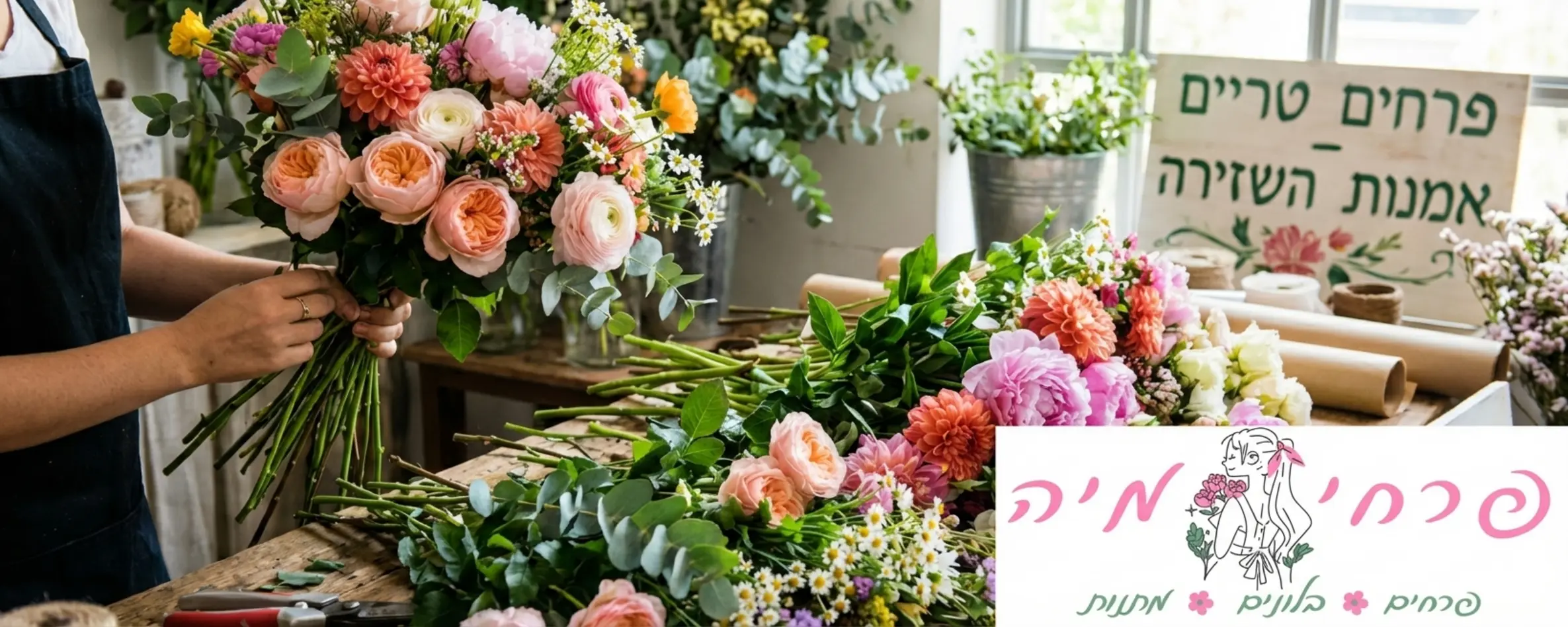 שולחן עבודה בחנות פרחים שעליו מונחים פרחים טריים ורעננים מסוגים שונים, ידיים של שוזר מקצועי מסדרות אותם בקפידה לזר מרשים