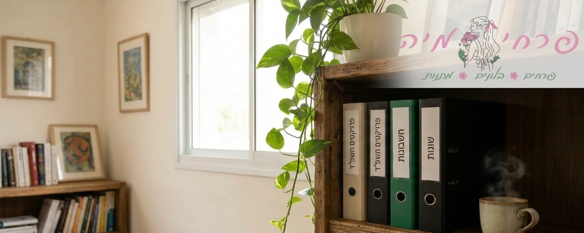 תמונה המציגה מדף משרדי ועליו צמח פוטוס מטפס שמשתפל בעדינות מטה, ליד קלסרים מסודרים וכוס קפה, באור חדר רך