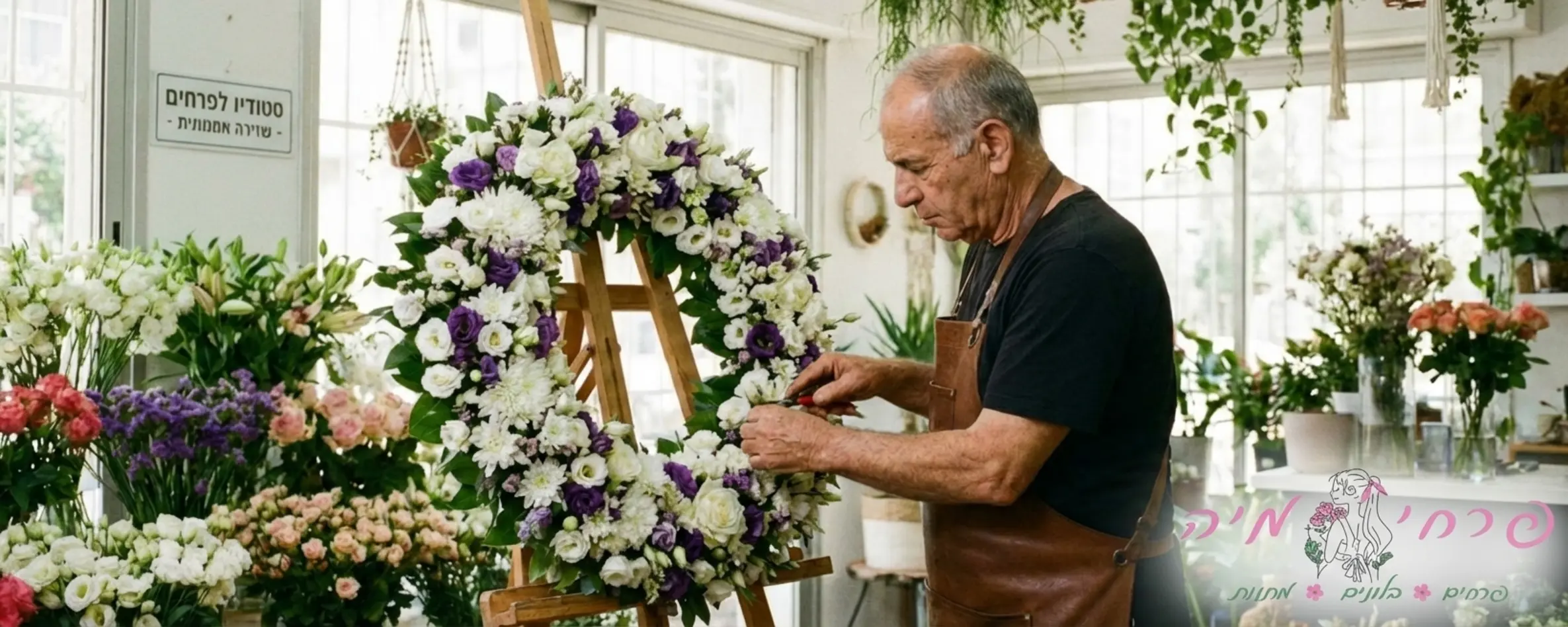 שוזר פרחים מקצועי עומד בחנות פרחים מוארת ומרכיב בעדינות רבה גלגל אבל מפרחים לבנים וסגולים הניצב על חצובה תוך הקפדה על סידור כל פרט ופרט במקצועיות
