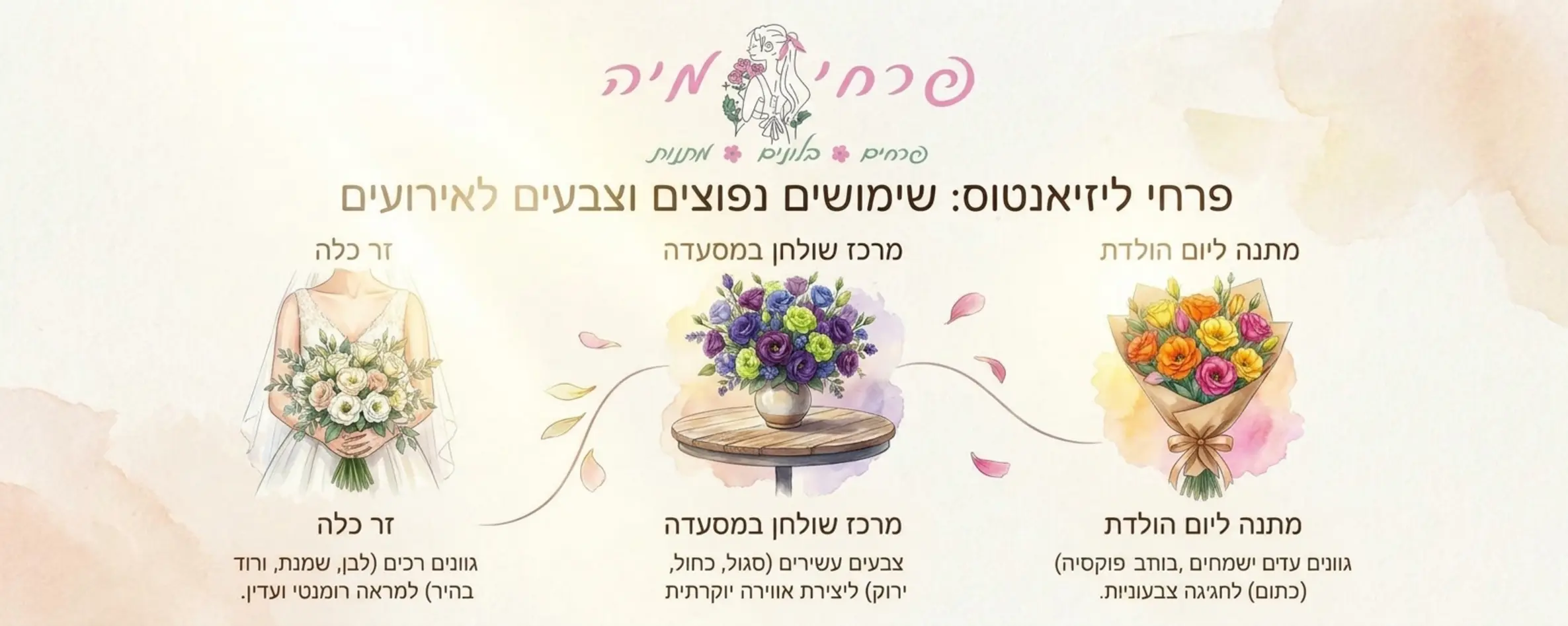 אינפוגרפיקה עדינה ומוארת המציגה את השימושים הנפוצים של פרחי ליזיאנטוס, הכוללת איורים של זר כלה, קישוט מרכז שולחן במסעדה, ומתנה ליום הולדת, עם הסברים קצרים על התאמת הצבע לאירוע