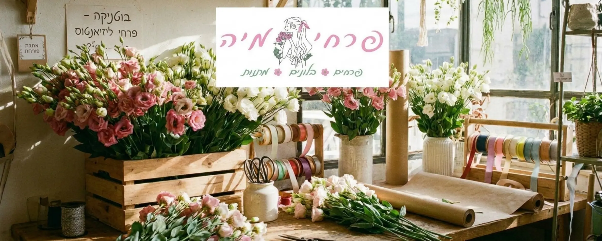 שולחן עבודה מקצועי בחנות פרחים בוטיק מוארת, עליו מונחים אגדים טריים ועשירים של פרחי ליזיאנטוס בצבעי ורוד ולבן, לצד מספריים מקצועיים, סרטי קשירה צבעוניים וניירות אריזה טבעיים