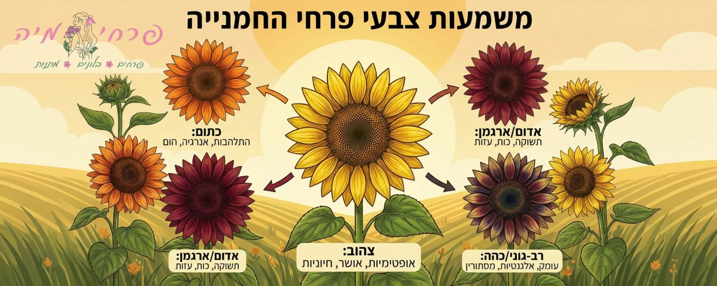 אינפוגרפיקה המציגה את משמעות הצבעים של פרחי החמנייה, החל מהצהוב הקלאסי המסמל אופטימיות ועד לזנים בגווני ארגמן ואדום המסמלים תשוקה וכוח