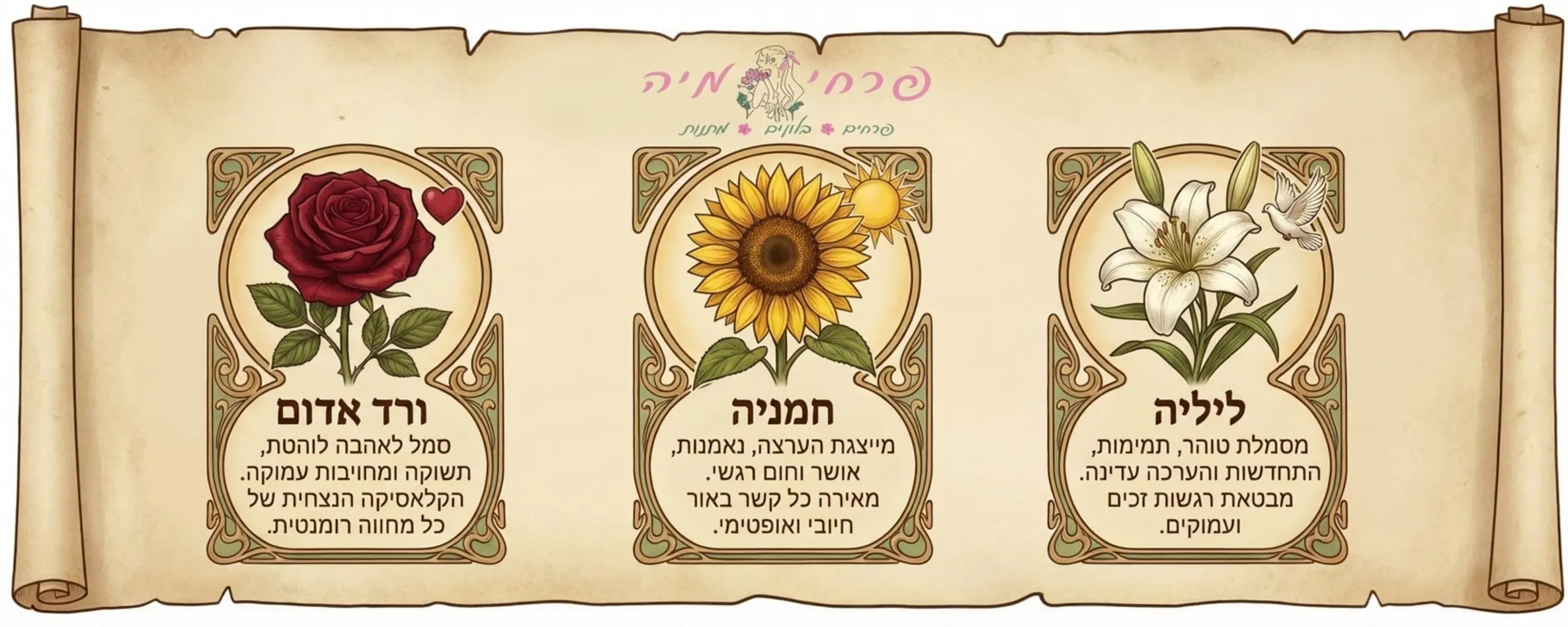 אינפוגרפיקה מעוצבת המציגה שלושה סוגי פרחים פופולריים לרומנטיקה: ורד אדום, חמניה וליליה, עם הסבר קצר על המשמעות הרגשית של כל אחד מהם