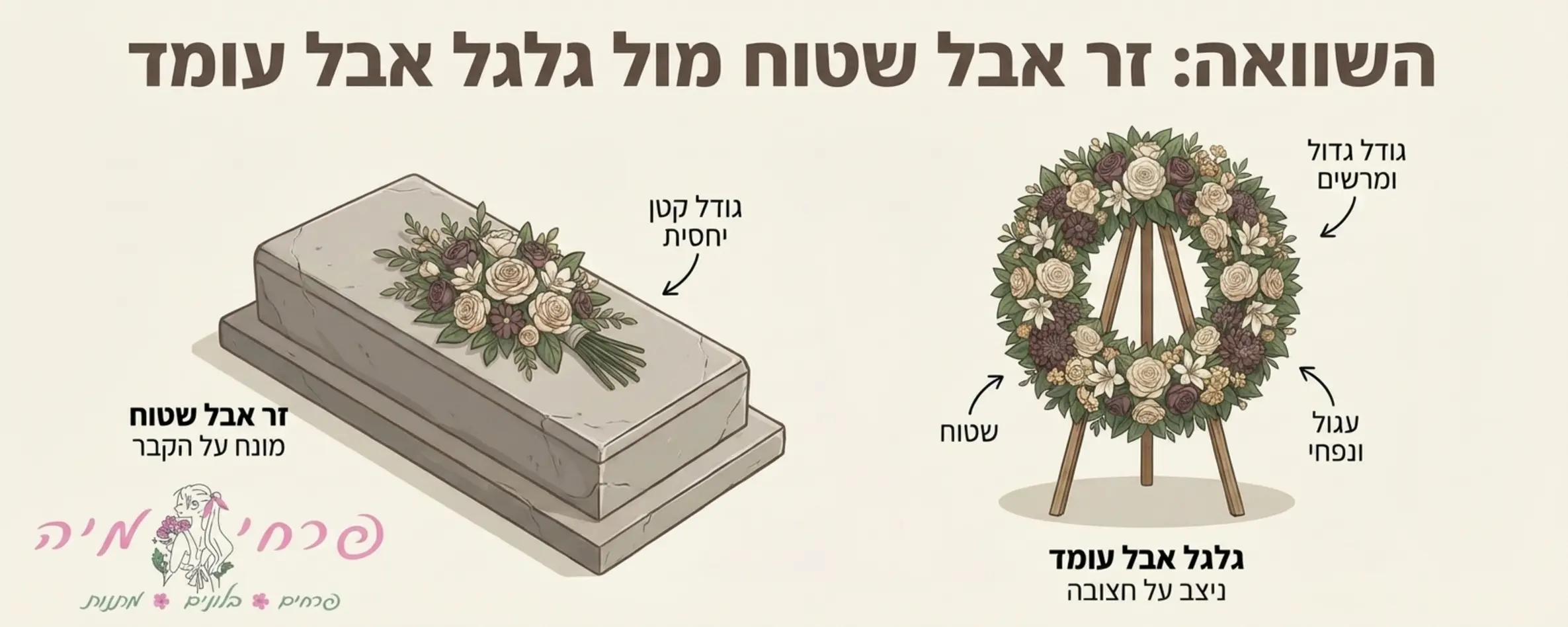 אינפוגרפיקה המציגה בצד אחד זר פרחים שטוח המונח על מצבה עשויה אבן בצורה אופקית ובצד השני גלגל אבל עגול וגדול הניצב על חצובת עץ בצורה אנכית כולל חיצים המצביעים על ההבדלים בגודל ובאופן ההנחה