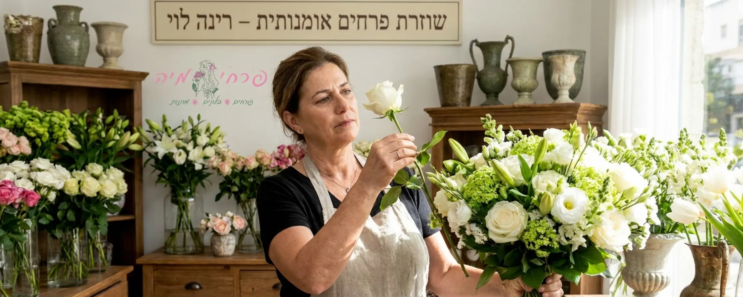 שוזרת פרחים מקצועית עומדת בחנות פרחים בוטיק ובוחנת בקפידה ורד לבן לפני הכנסתו לזר מעוצב ויוקרתי