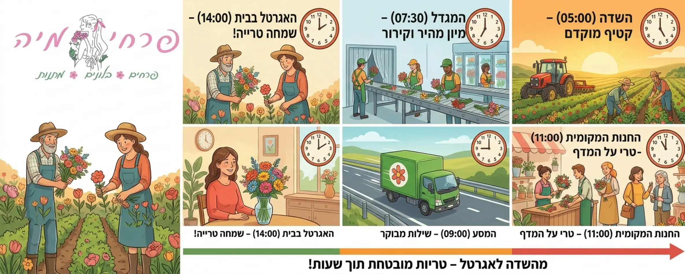 אינפוגרפיקה מאוירת המציגה צעד אחר צעד את המסלול של פרח מהשדה למגדל לחנות המקומית ועד לאגרטל בבית הלקוח עם דגש על זמנים קצרים