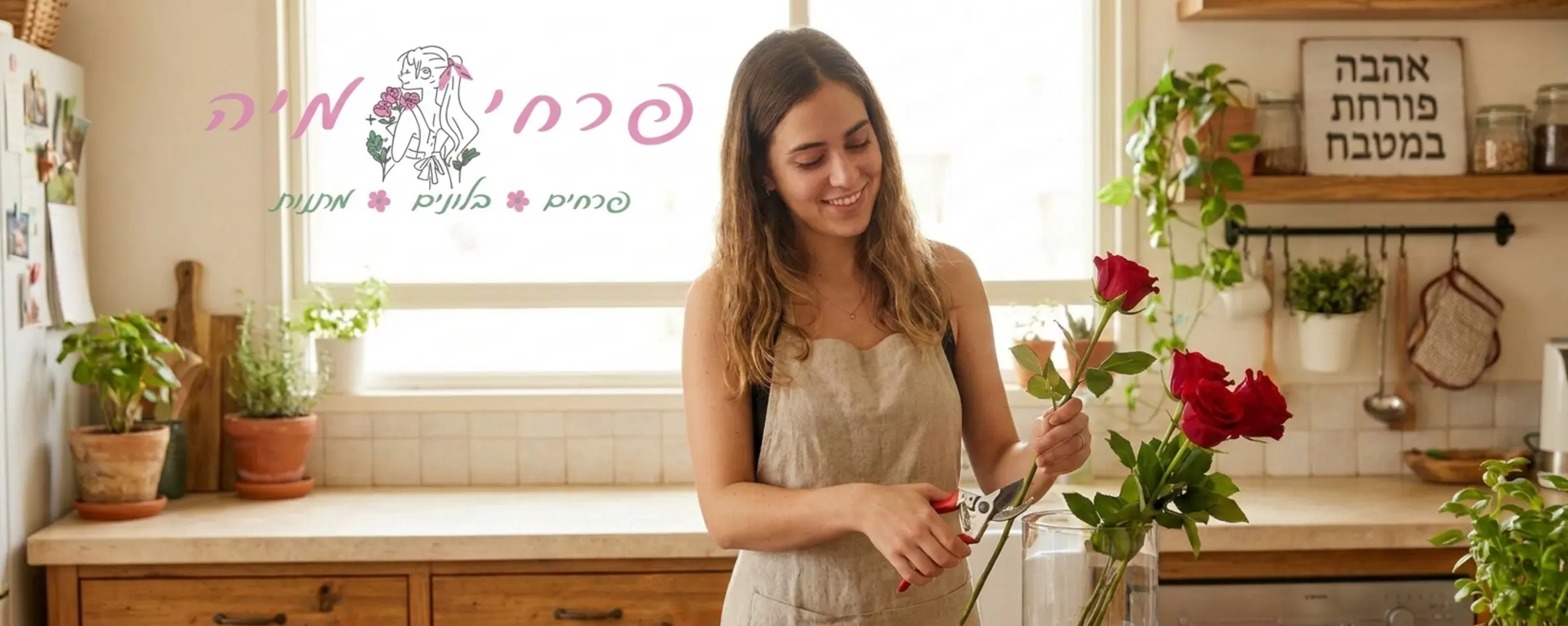 אישה צעירה ומחייכת עומדת במטבח מואר חותכת בעדינות גבעולים של ורדים אדומים בזווית אלכסונית ומכניסה אותם לאגרטל זכוכית שקוף