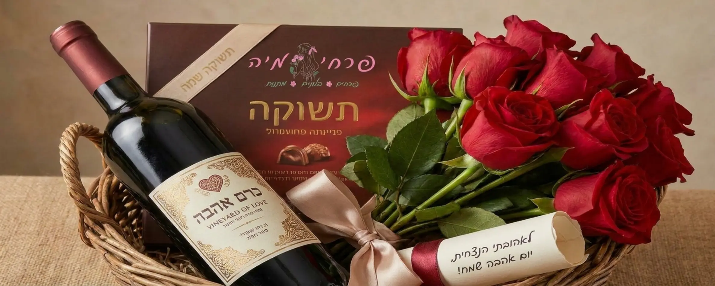 צילום תקריב של מארז מתנה יוקרתי ליום האהבה הכולל בקבוק יין אדום, קופסת פרלינים מהודרת וזר ורדים אדומים טריים מונחים יחד בתוך סלסלה כפרית מעוצבת