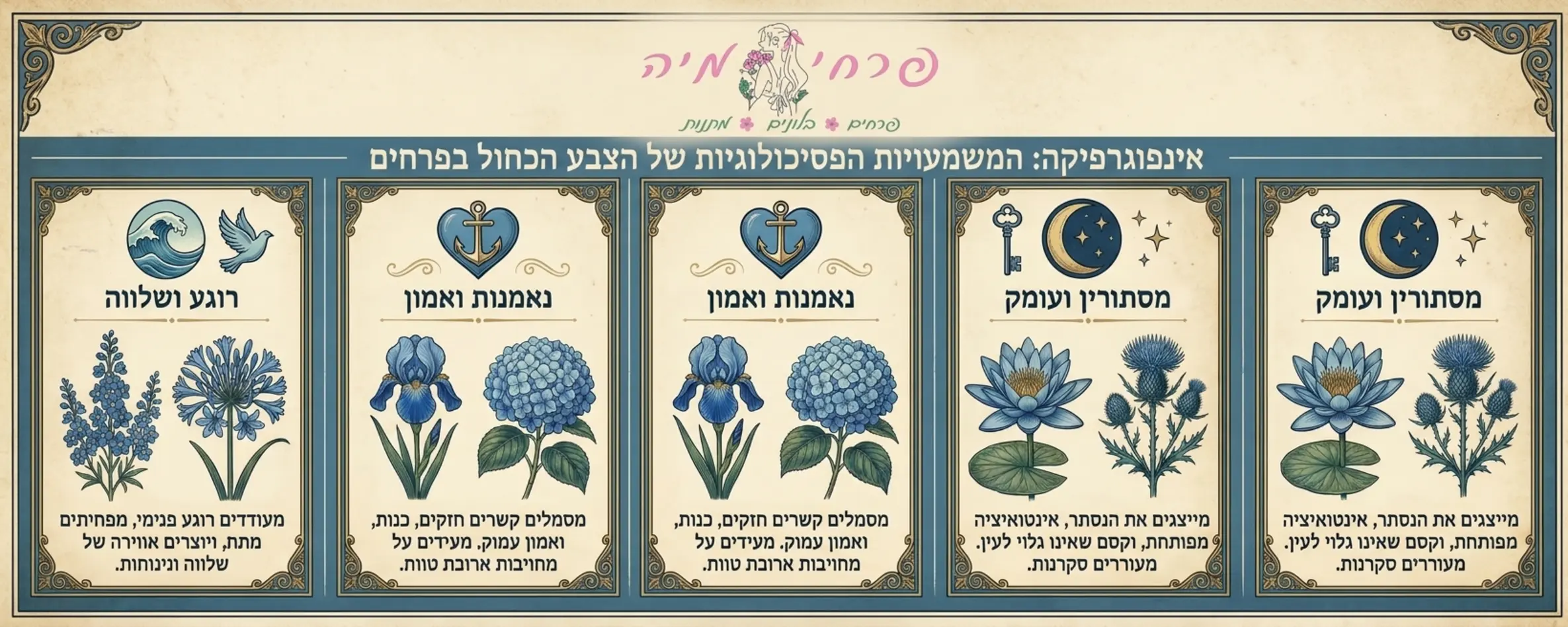 אינפוגרפיקה מעוצבת המפרטת את המשמעויות הפסיכולוגיות של הצבע הכחול בעולם הפרחים עם סמלים ברורים של רוגע נאמנות ומסתורין