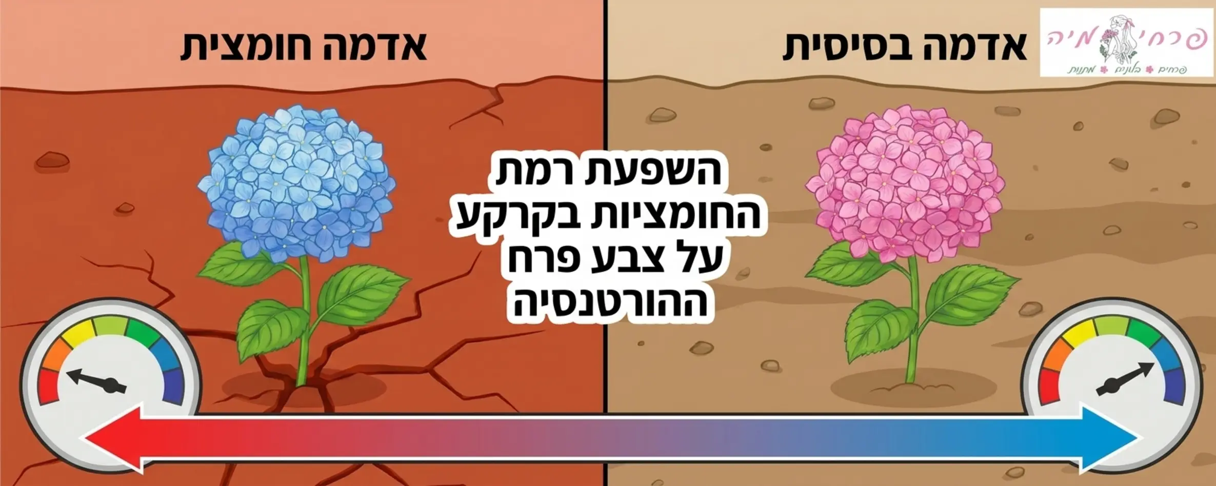 אינפוגרפיקה המחלקת את המסך לשניים בצד אחד אדמה חומצית עם מדד פי אייץ נמוך ופרח הורטנסיה כחול ובצד השני אדמה בסיסית עם מדד גבוה ופרח ורוד