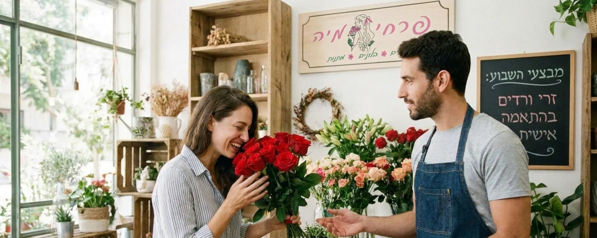 לקוחה מחייכת מריחה זר ורדים אדומים וטריים בתוך חנות פרחים מעוצבת ומוארת תוך התייעצות עם שוזר מקצועי