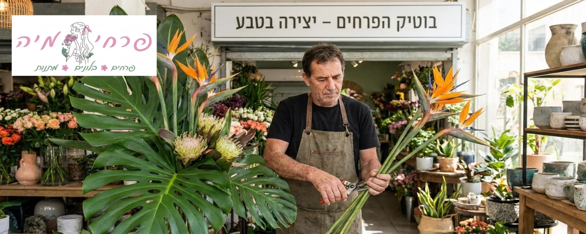 שוזר פרחים מקצועי בחנות פרחים בוטיקית גוזם גבעולים של פרחי ציפור גן עדן בזווית באלכסון תוך כדי הכנת מארז פרחים מרשים ויוקרתי עם עלי מונסטרה ירוקים וגדולים
