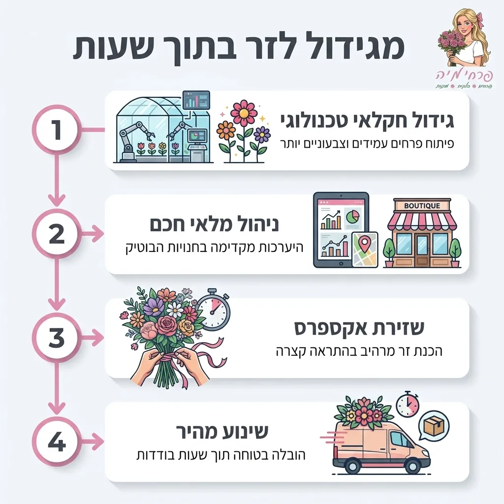 אינפוגרפיקה — מגידול לזר בתוך שעות: גידול חקלאי טכנולוגי, ניהול מלאי חכם, שזירת אקספרס, שינוע מהיר